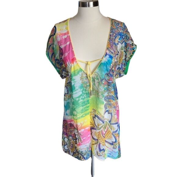 BECCA - Swim Paisley Tie Dye Deep V Neck Cover Up sz XS/S - Picture 1 of 7